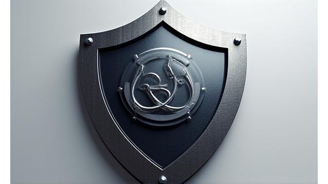 Stilisiertes goldenes Schild mit einem Haken und Fisch, umrandet von Zahnrädern, symbolisiert Schutz und Präzision.