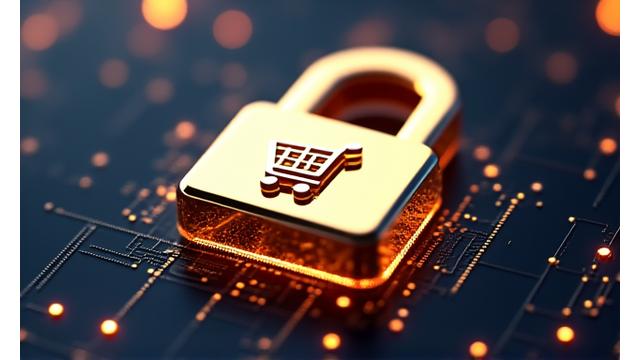 Sichere Online-Transaktion mit Schloss-Symbol und stilisiertem Einkaufswagen auf digitalem Hintergrund.