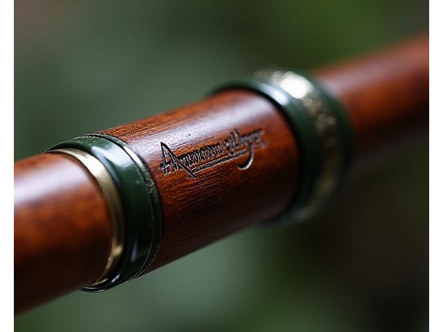 Eine detaillierte Nahaufnahme des Griffs einer Edelholz-Angelrute, die den Firmennamen graviert hat.