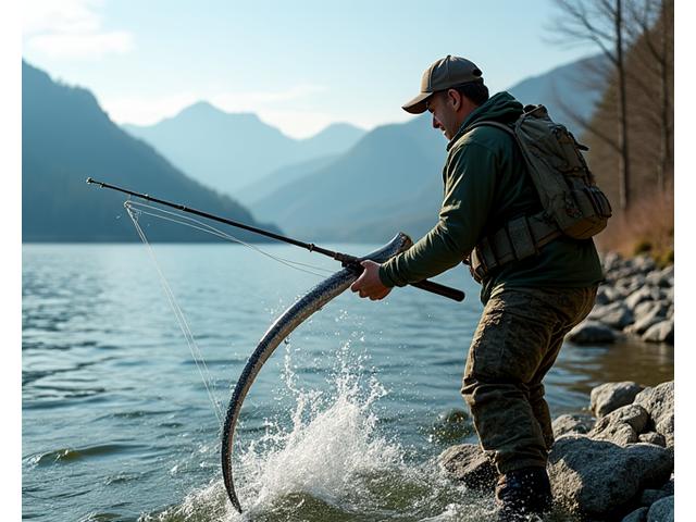 Ein Angler, der einen großen Hecht an einer Custom Rod am Ufer des Vierwaldstättersees drillt.