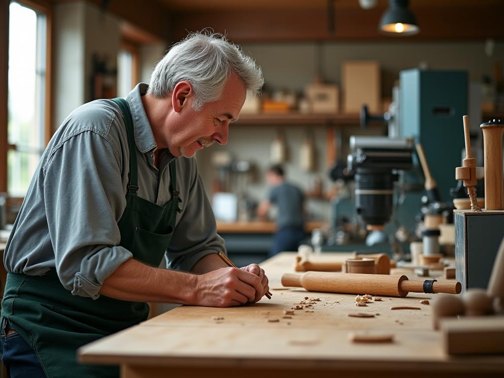 Ein Alpenström Angler Rutenbaumeister arbeitet konzentriert an einer Angelrute in einer modernen, lichtdurchfluteten Werkstatt mit traditionellen und CNC-Maschinen.