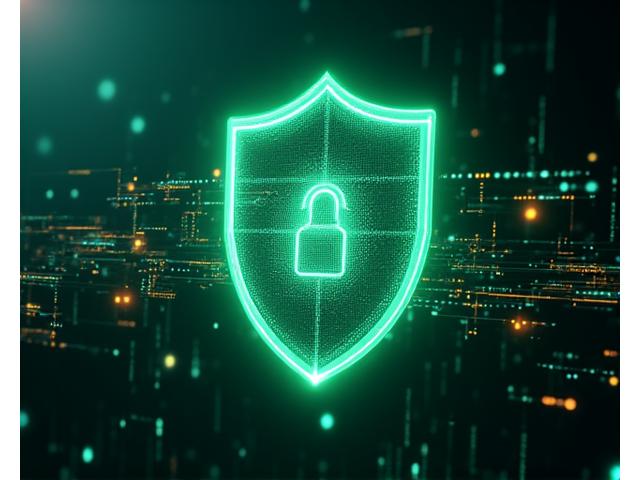 Kryptografische Symbole und ein schützendes Schild, das Datensicherheit und Verschlüsselung darstellt.