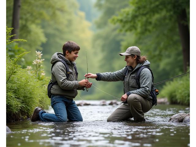 Eltern und Kinder lachen beim gemeinsamen Angeln an einem idyllischen Schweizer Fluss, mit kindgerechter Angelrute