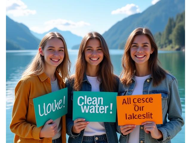 Drei lachende Jugendliche präsentieren Umweltbewusstseinsschilder bei einer Veranstaltung, mit Alpenhintergrund