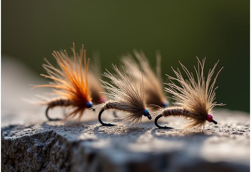 Kollektion handgebundener Alpenström Signature Fliegen, detaillierte Makroaufnahme, auf Holzuntergrund präsentiert