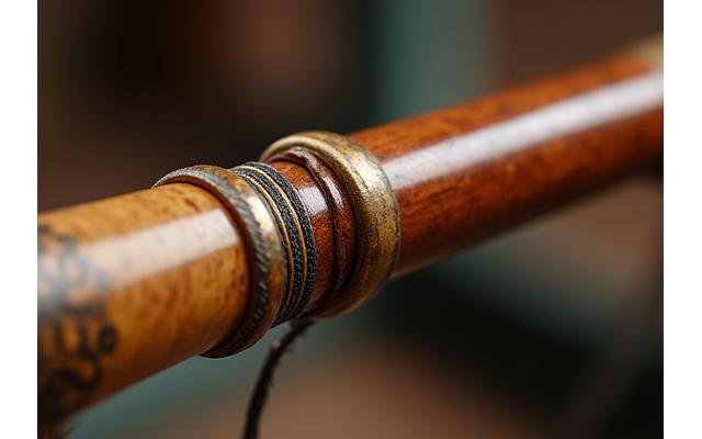 Handgefertigte Bambusfliegenrute von einem legendären Hersteller, Detailaufnahme des Korkgriffs und der feinen Wicklungen