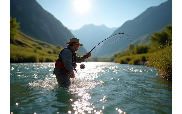 Fliegenfischer beim präzisen Wurf in einem klaren Fluss, Fokus auf die dynamische Bewegung der Rute