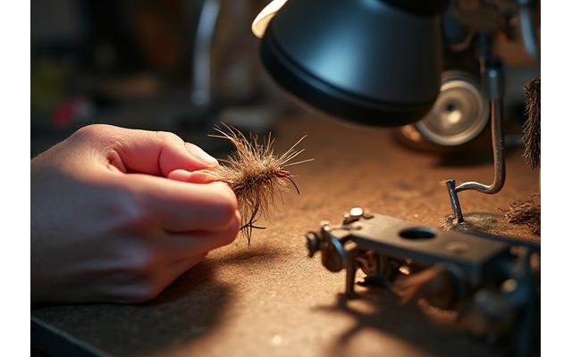Nahaufnahme eines Fliegenbinders mit einer Lupe, der eine detaillierte Insektenimitation herstellt