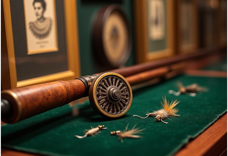 Eine historische Fliegenfischerausrüstung, bestehend aus einer alten Rute, Rolle und handgebundenen Fliegen, stilvoll präsentiert in einem Museum