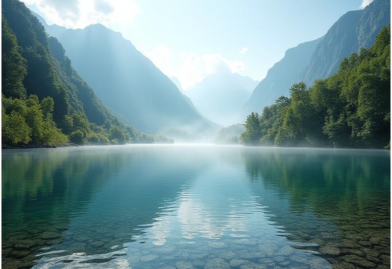 Ein unberührter alpiner Bach mit kristallklarem Wasser, umgeben von grünen Bergen, am frühen Morgen mit leichtem Nebel