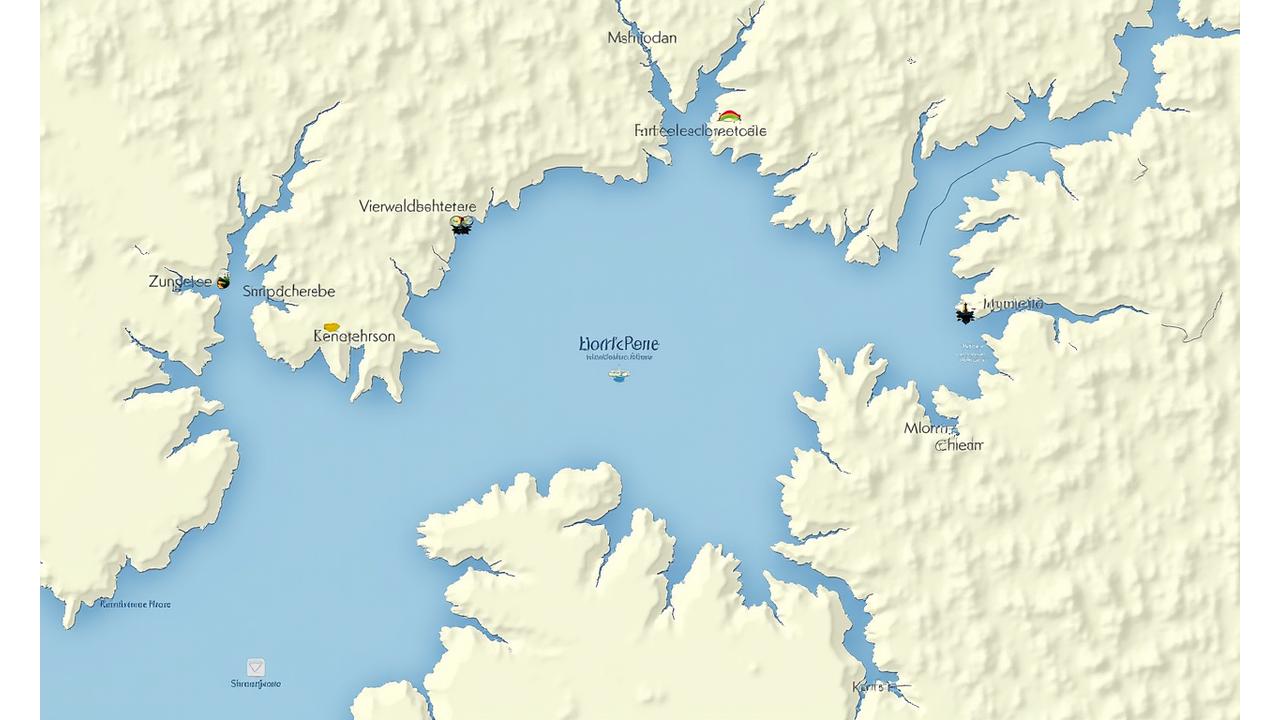 Eine detaillierte, stilistisch gezeichnete Landkarte der Zentralschweiz, die mehrere exklusive Angelplätze wie den Vierwaldstättersee, Zugersee und verschiedene Flussabschnitte mit Icons markiert. Die Karte ist interaktiv und zeigt wichtige Fischarten an diesen Orten an.