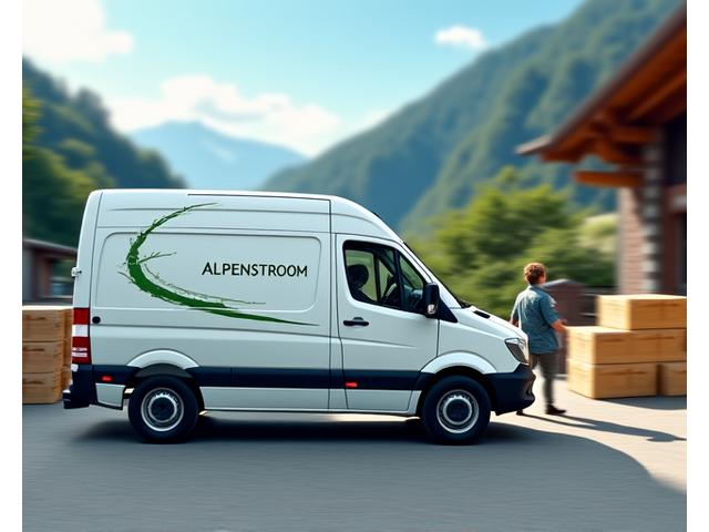 Ein Lieferwagen von Alpenström Angler, der Pakete in einer alpinen Umgebung entlädt.