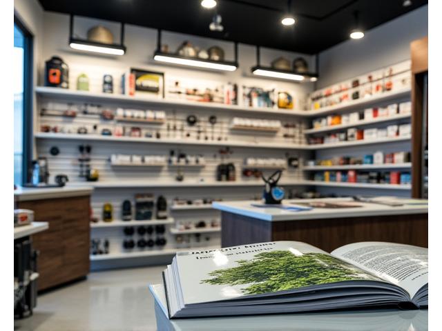 Eine Auswahl hochwertiger Angelruten und Rollen im Regal eines Angelgeschäfts.