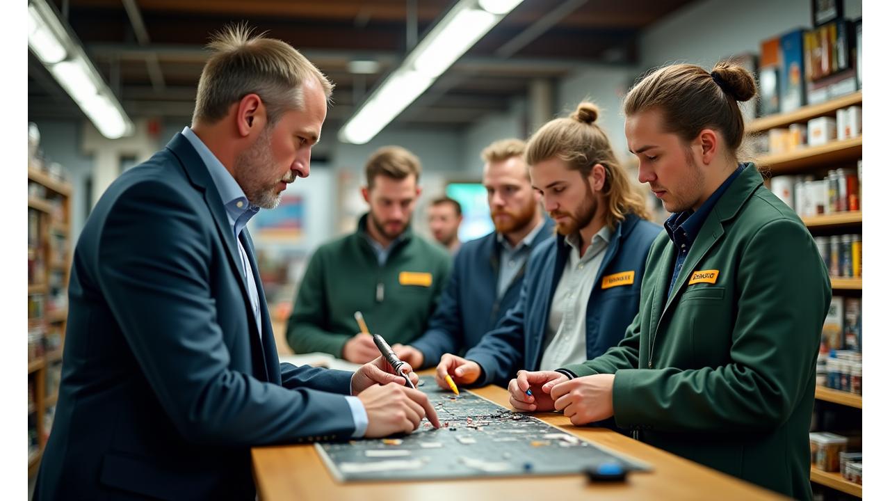 Ein Alpenström Angler Mitarbeiter schult einen Einzelhändler über neue Angelgeräte.