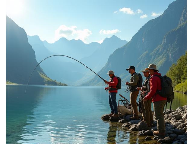 Gruppe von Touristen angelt an einem Schweizer Bergsee mit hochwertiger Ausrüstung.