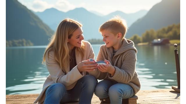 Lachende Familie beim Angel mit Kind, im Hintergrund Schweizer Berge