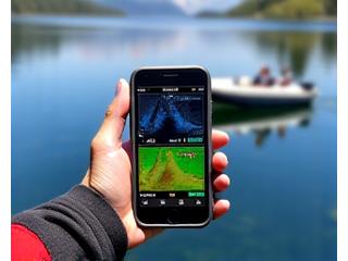 Smartphone mit Alpenström Fishing App und integriertem Echolot auf einem Boot