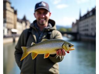 Angler fängt Fisch in einem urbanen Kanal in Luzern, Stadtbild im Hintergrund