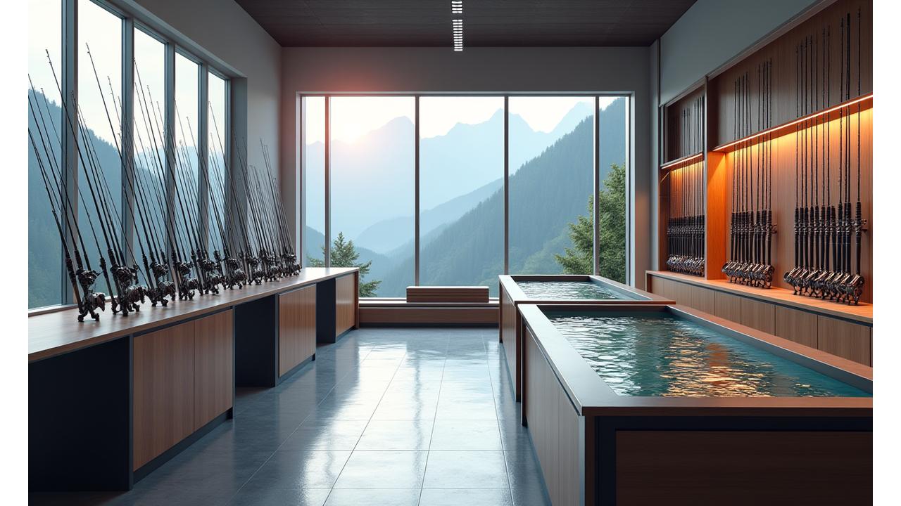 Interaktiver Showroom von Alpenström Angler in Luzern mit Angelruten und Testbecken.