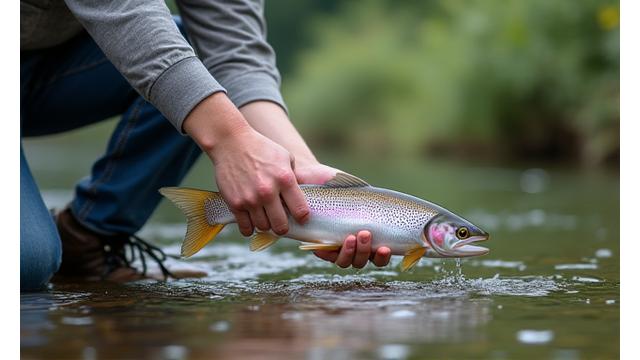 Ein Angler zeigt einem Kind behutsam einen Fang, bevor er ihn wieder freilässt, als Beispiel für schonende Techniken.