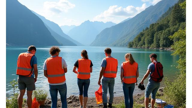 Freiwillige sammeln Müll am Ufer des Vierwaldstättersees, mit Bergen im Hintergrund.