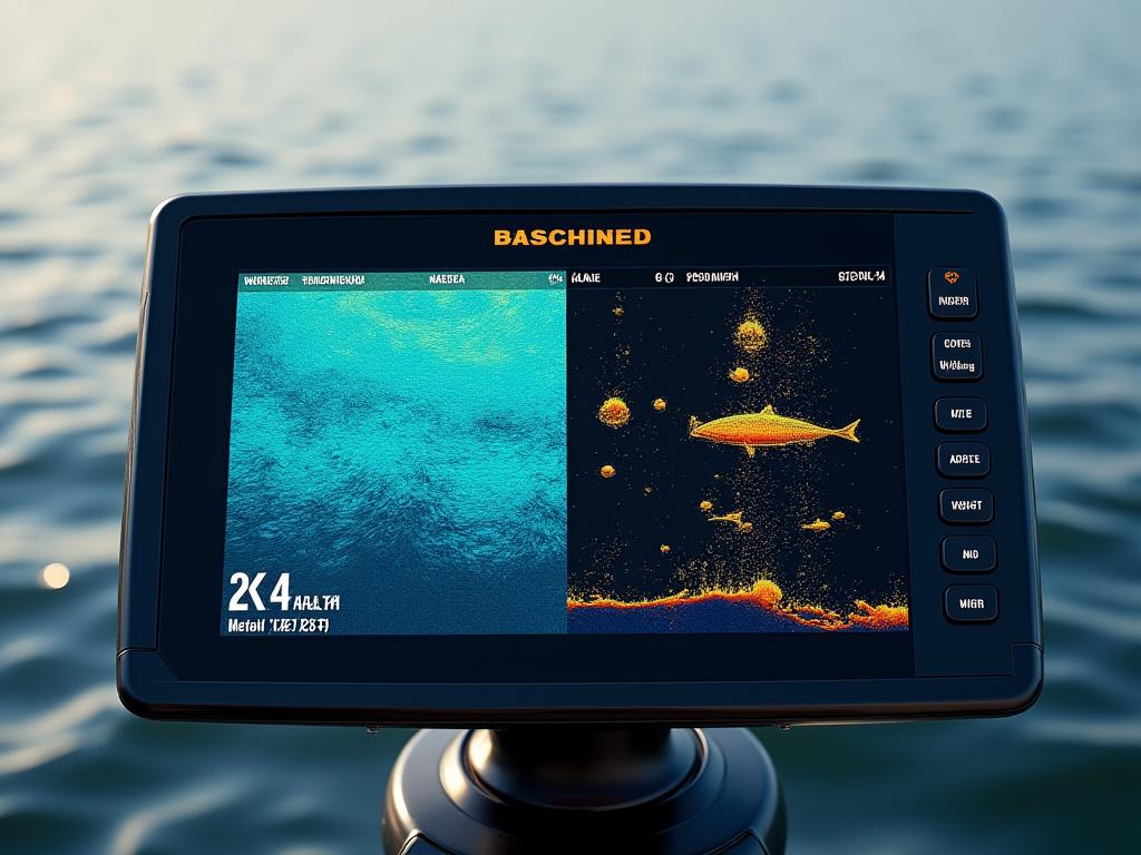 Split-Screen-Ansicht eines Angel-Echolots mit einer Seite, die detaillierte Unterwasserstrukturen zeigt, und der anderen Seite, die Fischsilhouetten anzeigt