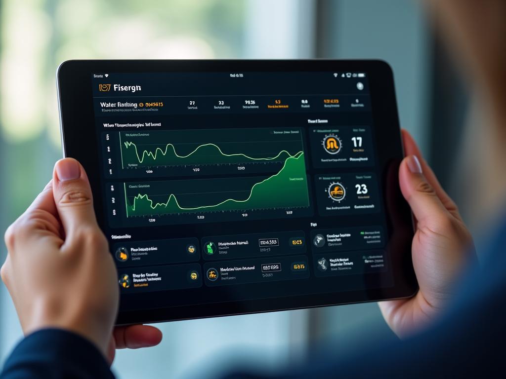 Dashboard-Ansicht auf einem Tablet, das Echtzeitdaten von verschiedenen IoT-Angelsensoren anzeigt: Wasserqualität, Temperatur und Luftdruck