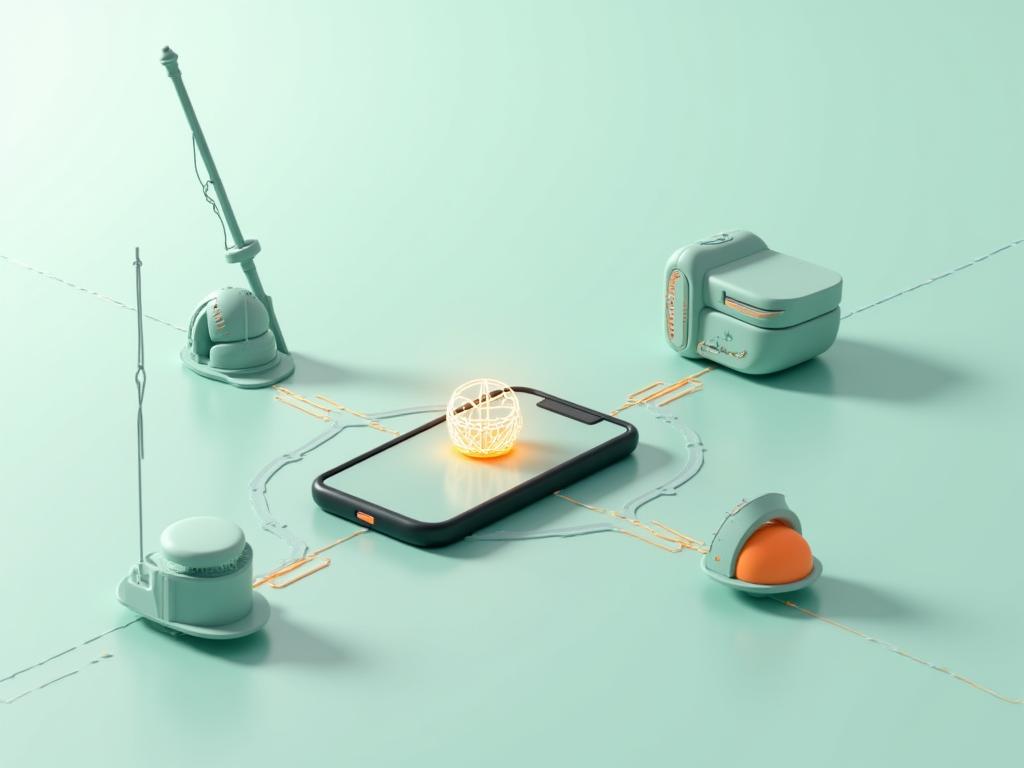 Diagramm des Alpenström Angler Smart Fishing Ökosystems mit verbundenen Geräten wie Echolot, Angelrute und Smartphone-App