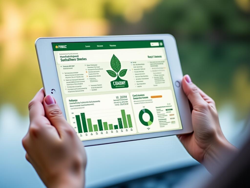 Nachhaltigkeits-Dashboard auf einem Tablet oder Laptop, das Metriken wie CO2-Einsparungen und Fischgesundheitsindikatoren anzeigt, mit einem grünen, umweltfreundlichen Design