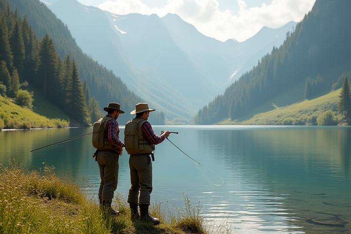 Die zwei Gründer von Alpenström Angler beim Fliegenfischen an einem klaren Schweizer Bergsee, 1998.