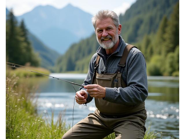 Porträt von David Fischer, Senior Fishing Guide, beim Vorbereiten einer Fliegenrute an einem Flussufer in der Schweiz.