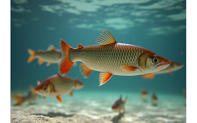Ein Schwarm Barsche und Rotaugen in klarem Stadtkanalwasser
