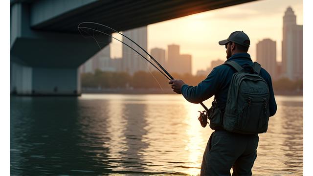 Angler führt einen präzisen Wurf unter einer städtischen Brücke aus