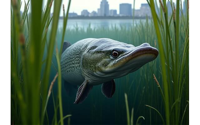Ein grosser Hecht, der in den Schilfgürteln einer urbanen Bucht lauert