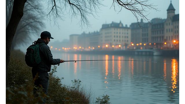 Angler, der unauffällig in einer belebten urbanen Umgebung angelt, im Hintergrund Stadtansicht